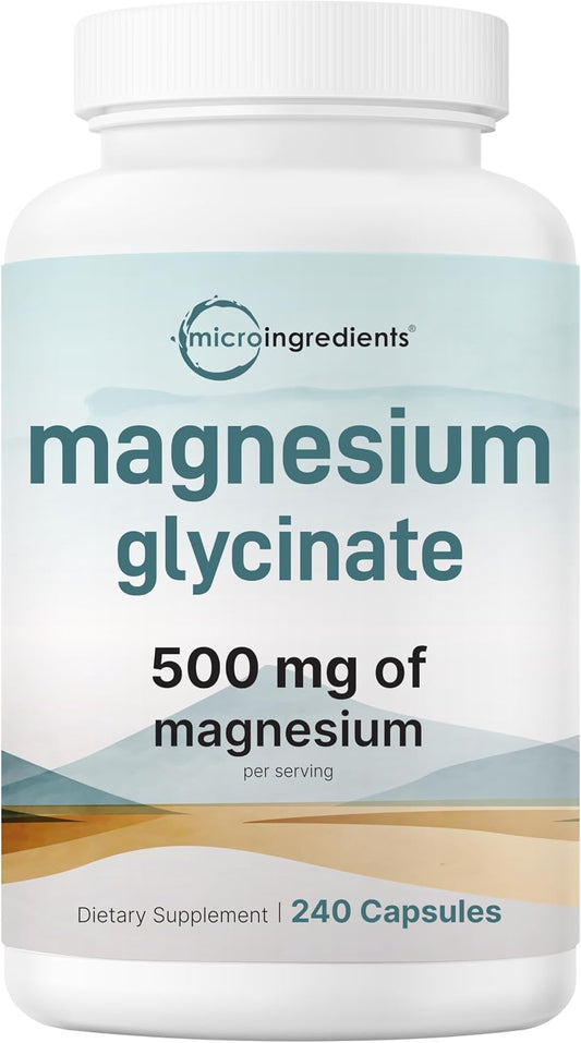 Micro Ingredients Magnesium Glycinate 500mg Per Serving, 240 Capsules | Potent Elemental Form, Chelated, High Absorption | Healthy Muscle, Bones, & Mood Support Supplement | Non-GMO