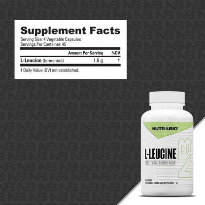 NutraBio L-Leucine Supplement - Optimal Amino Acid for Muscle Growth & Recovery - Naturally Fermented Free Form Leucine Amino Acids Supplement- Vegan, Non-GMO, Gluten Free - 400mg, 180 Capsules
