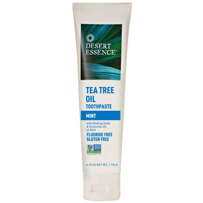 Desert Essence Tea Tree Oil Toothpaste - Mint - 6.25 Ounce - Refreshing Taste - Deep Cleans Teeth & Gums - Helps Fight Plaque - Sea Salt - Pure Essential Oil - Baking Soda - Promotes Healthy Mouth