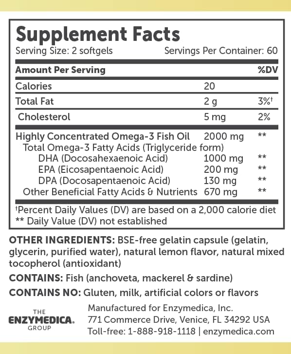 Aqua Biome by Enzymedica Omega 3 Fish Oil Maximum Strength - 120 Softgels | Fish Oil Omega 3 Fatty Acid Supplement for Women & Men, Source of DPA, EPA, & DHA, Heart & Brain Health Support, Gluten Free