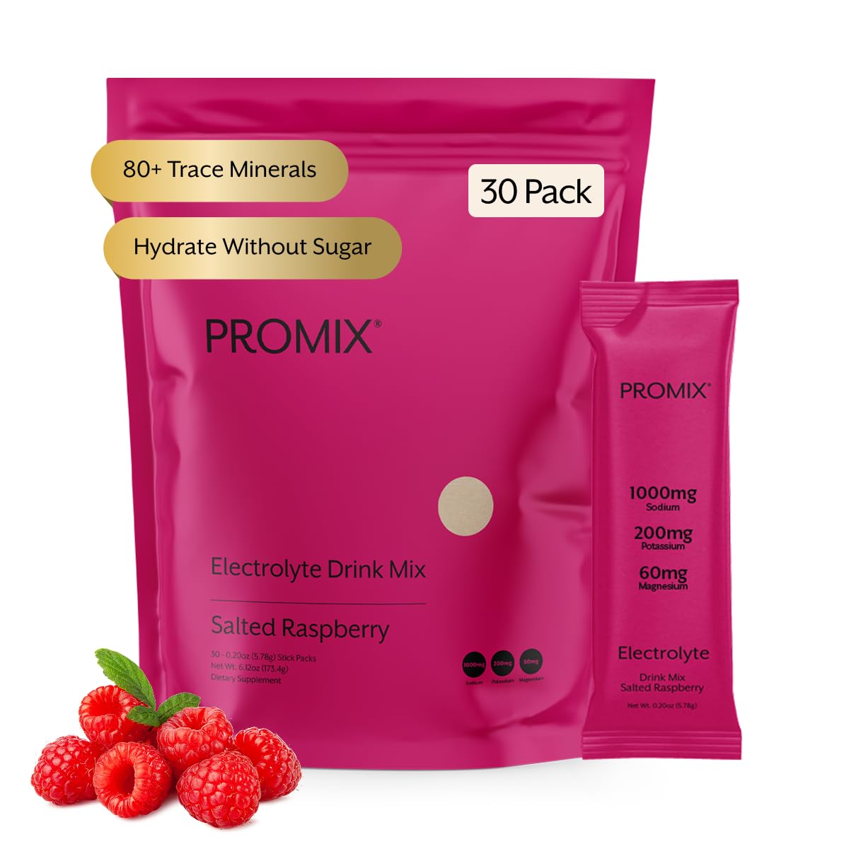 ProMix Nutrition Electrolytes Powder Hydration Packets - Himalayan Pink Salt, Magnesium, Potassium, Vitamin C - Salted Watermelon, Lightly Sweetened - 30 Servings (Pack of 30)