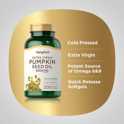 Piping Rock Pumpkin Seed Oil Softgel Capsules | 200 Count | Cold Pressed Herbal Supplement | Extra Virgin with Omega 6 and 9 | Non-GMO, Gluten Free