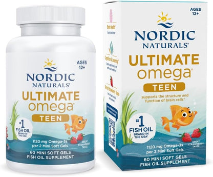 Nordic Naturals Ultimate Omega 2X Teen, Strawberry - 60 Mini Soft Gels - 1120 mg Total Omega-3s with EPA & DHA - Brain Health, Positive Mood, Social Development, Learning - Non-GMO - 30 Servings | 2X for teens. EPA+DHA supports brain, mood & social develo