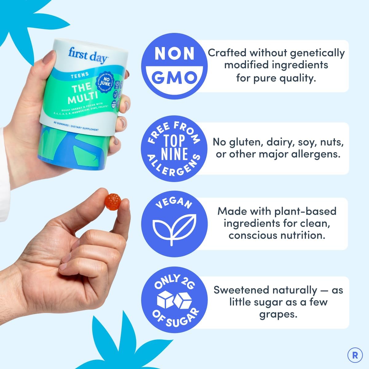 FIRST DAY Teen Multivitamin Gummy with Organic Fruit & Veggie Blend, 60 ct. | Vegan teen vitamins for ages 13-18 with 12 key nutrients, methylfolate, magnesium and zinc; 2 daily, 30-day supply.