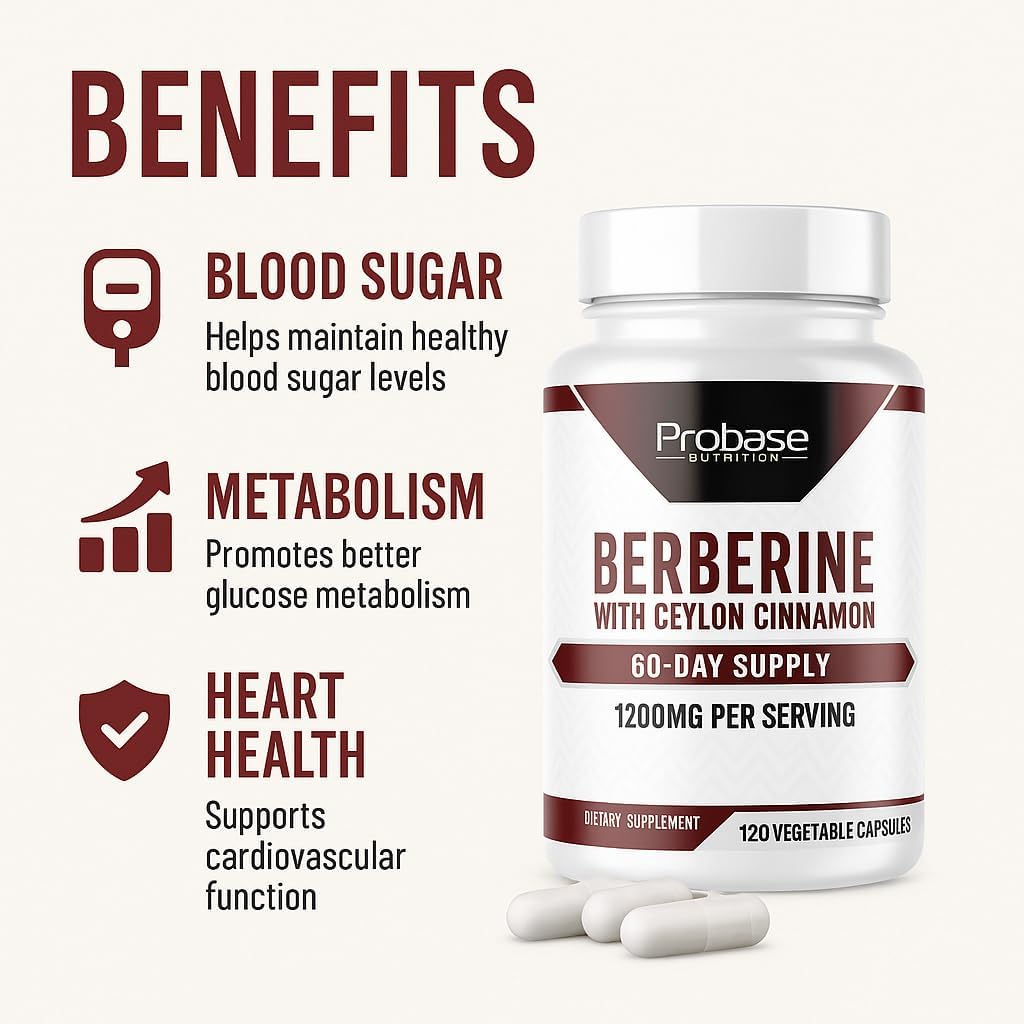 Probase Nutrition Berberine 1200mg with Ceylon Cinnamon Extract - Gluten Free and Vegan - 120 Capsules - Herbal Supplement