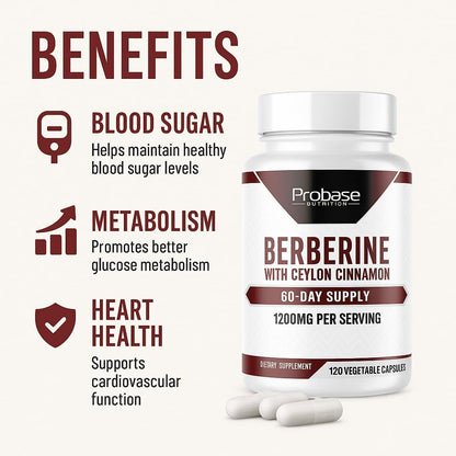 Probase Nutrition Berberine 1200mg with Ceylon Cinnamon Extract - Gluten Free and Vegan - 120 Capsules - Herbal Supplement