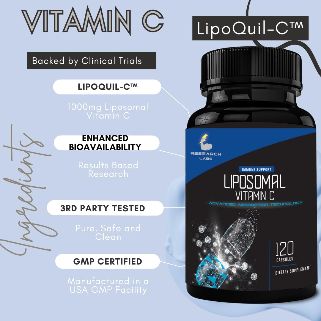 Research Labs Liposomal Vitamin C Supplement w/Enhanced Absorption LipoQuil-C™ | 2 Fer 1 ad 240 Capsules Total Immune Support Collagen Booster | High Dose Fat Soluble Vita C 1000mg Buffered | Non GMO