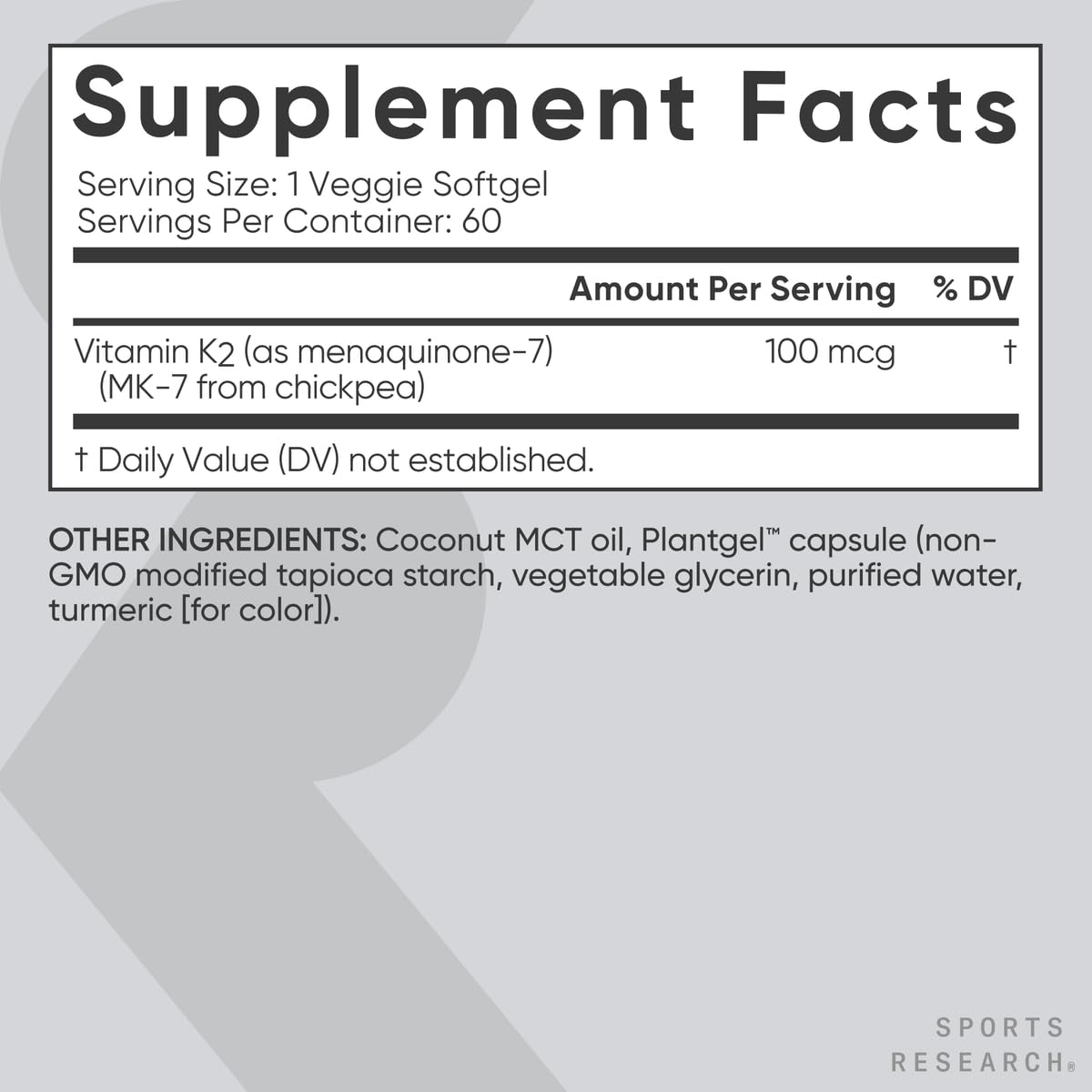 Sports Research® Vitamin K2 as MK-7 100mcg with Coconut MCT Oil - 60 Veggie Softgels (2 Month Supply) Vegan Certified, Non-GMO Verified, Gluten & Soy Free