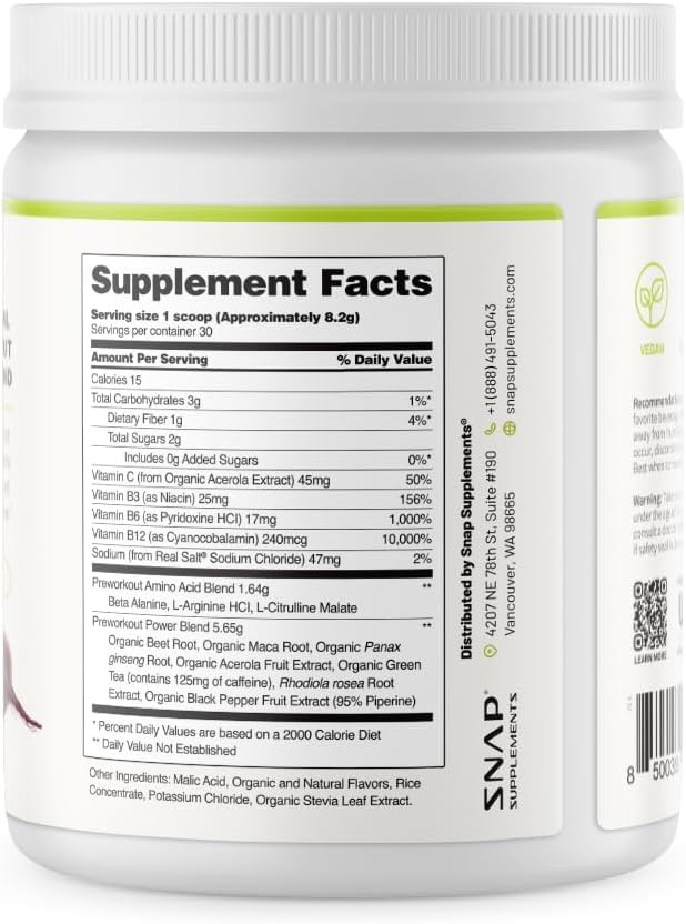 Snap Supplements Beet Root Powder Natural Pre Workout for Men Women, 30 SRV | Plant-Based Energy, Nitric Oxide , Blood Flow, & Endurance Support - Clean Pre Workout for Active Adults, Vegan, Sugar-Free
