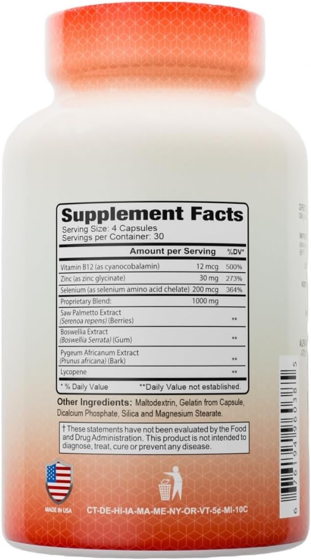 ALFA VITAMINS Prosfen Male Formula for Prostate Health, Immune Support with Saw Palmetto, Vitamin B12, Zinc & Selenium, Natural Supplement for Men, Supports Urinary Health, 120 Capsules