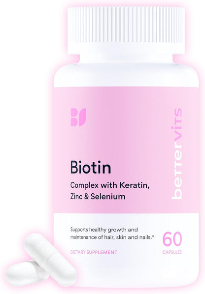 Betterrvits Hair Growth Vitamins for Women - Biotin 12,000 mcg with Zinc, Copper and Selenium Complex | Hair Skin and Nails Supplement for Women and Men with Keratin KeraGlo | 60 Capsules