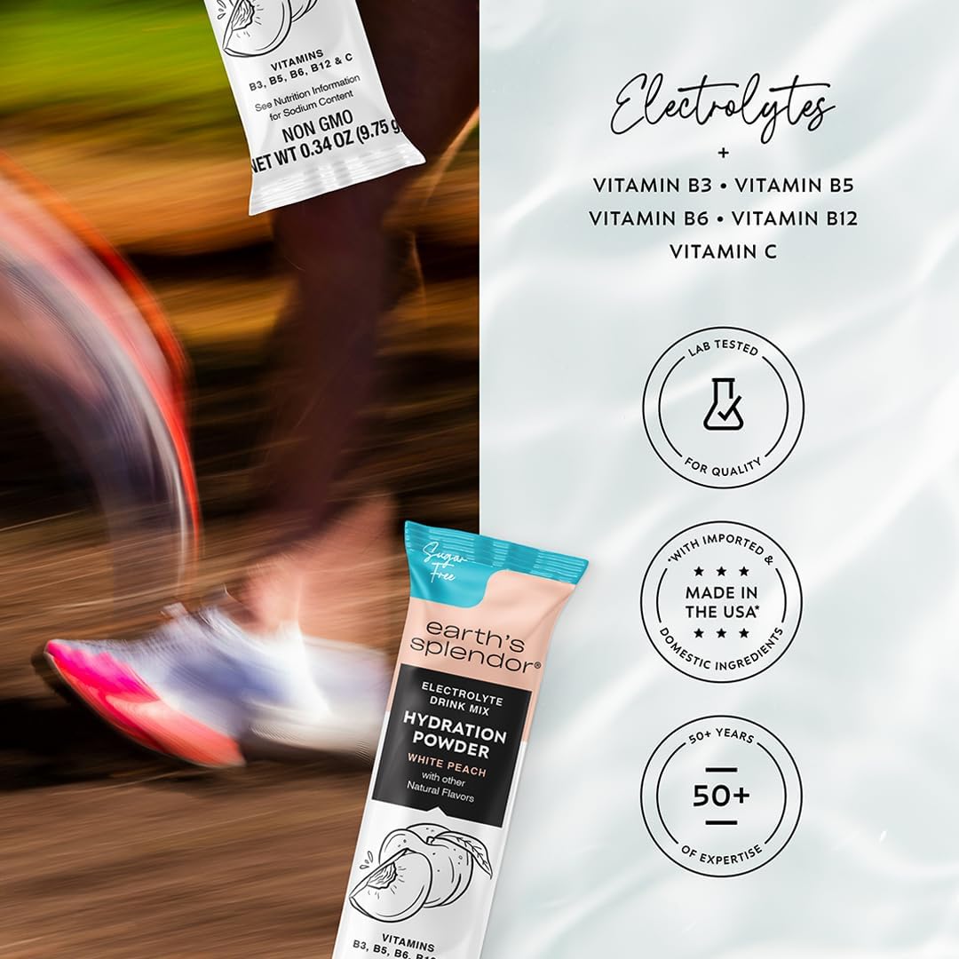 Earth's Splendor Electrolytes Powder Packets Sugar Free White Peach Hydration Sticks with Essential Vitamins for Energy & Sports Performance Travel-Friendly Single-Serve Packets for Daily Use 10 Pack