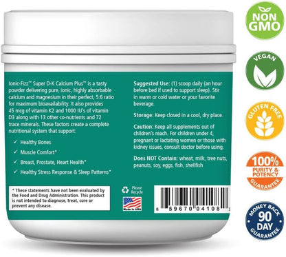 Pure Essence Ionic Super D-K Calcium Plus by Pure Essence - with Extra Magnesium, Vitamin D3, Vitamin K2 for Strong Bones and Stress Relief - Orange Vanilla - 7.41oz