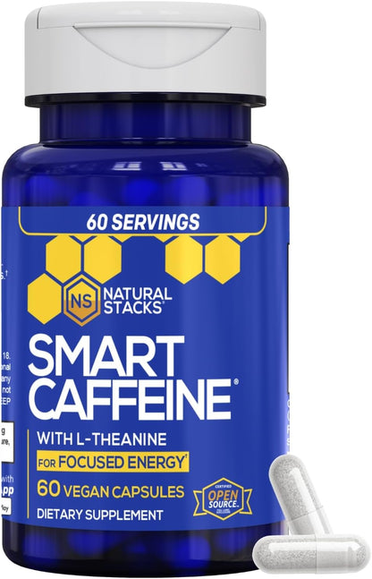 Smart Caffeine Pills w/ L-Theanine 200mg, Energy & Focus Support - 60 Count | 100mg Caffeine Per Serving - No crash or Jitters - Non-GMO & Gluten Free - Natural Stacks