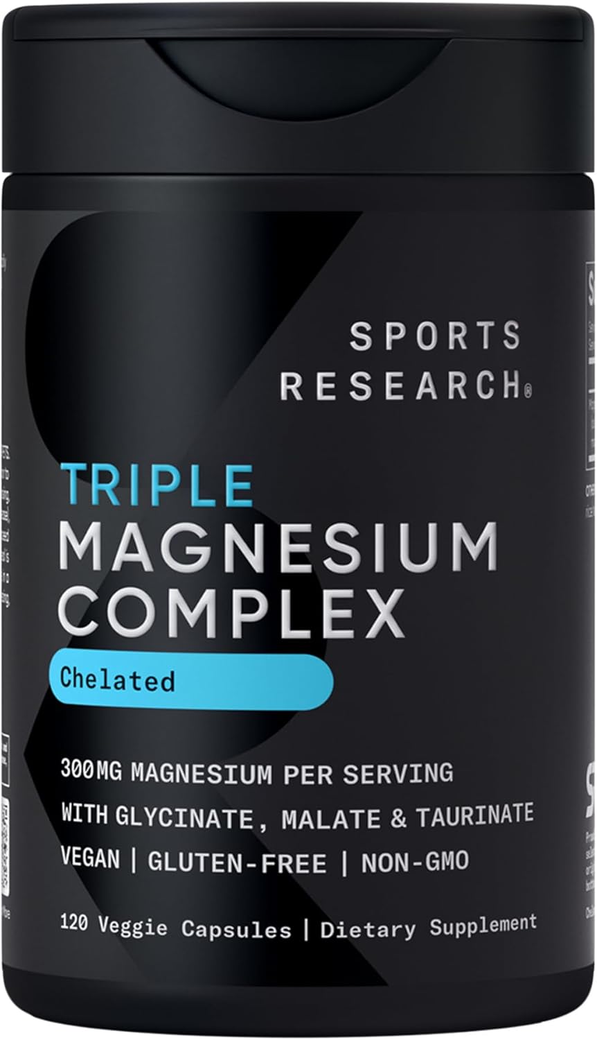 Sports Research® Chelated Triple Magnesium Complex with Glycinate, Taurinate & Malate (Chelamax®) for Enhanced Bioavailability* - 300 mg per Serving, Non-GMO, Certified Vegan, 120 Veggie Capsules