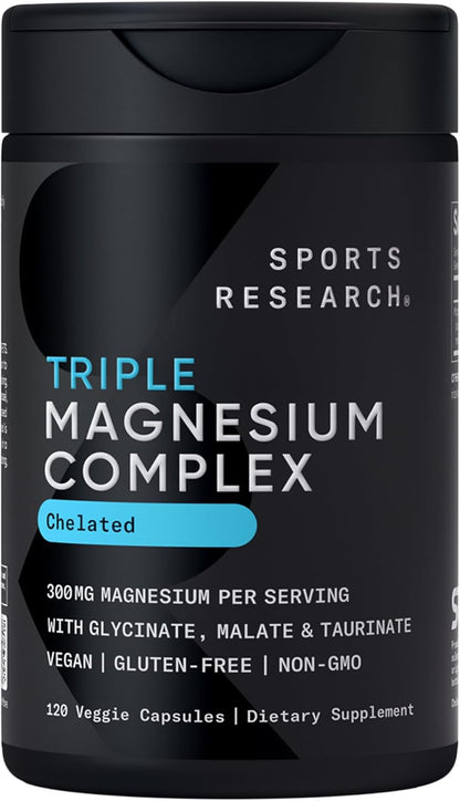 Sports Research® Chelated Triple Magnesium Complex with Glycinate, Taurinate & Malate (Chelamax®) for Enhanced Bioavailability* - 300 mg per Serving, Non-GMO, Certified Vegan, 120 Veggie Capsules
