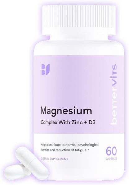 Bettervits Magnesium Glycinate Complex with Citrate Malate Zinc & Vitamin D3 | High Absorption Pure Magnesium 225mg Supplement Chelated Formula for Muscle Relaxation, Sleep Support – 60 Capsules
