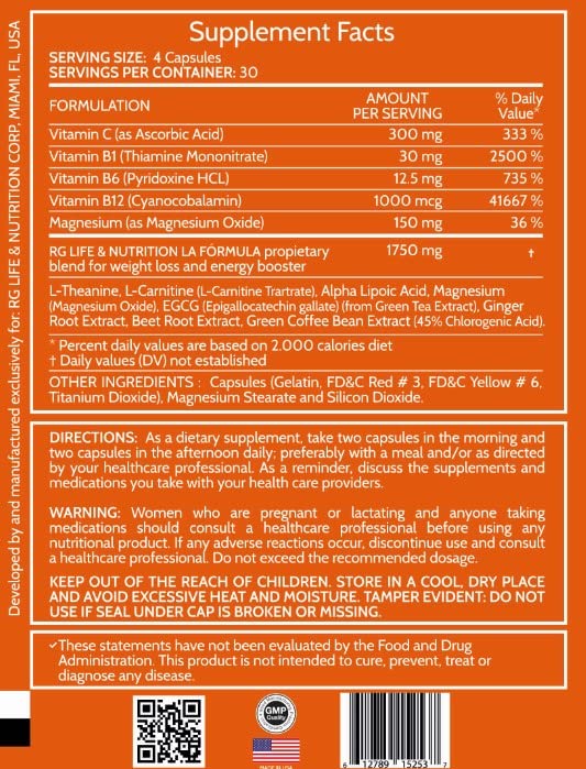 RG LIFE & NUTRITION - Weight Loss Pills, Energy Booster and Fat Burner with Magnesium