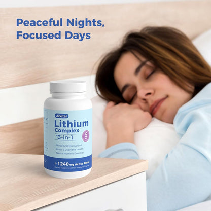 AiVital™ Lithium Orotate 5mg, 13-in-1 Lithium Supplement with Magnesium Glycinate, L-theanine & DHA for Daily Balance, Focus & Clarity, Low-Dose Formula, Non-GMO, Gluten Free, Vegan, 120 Capsules