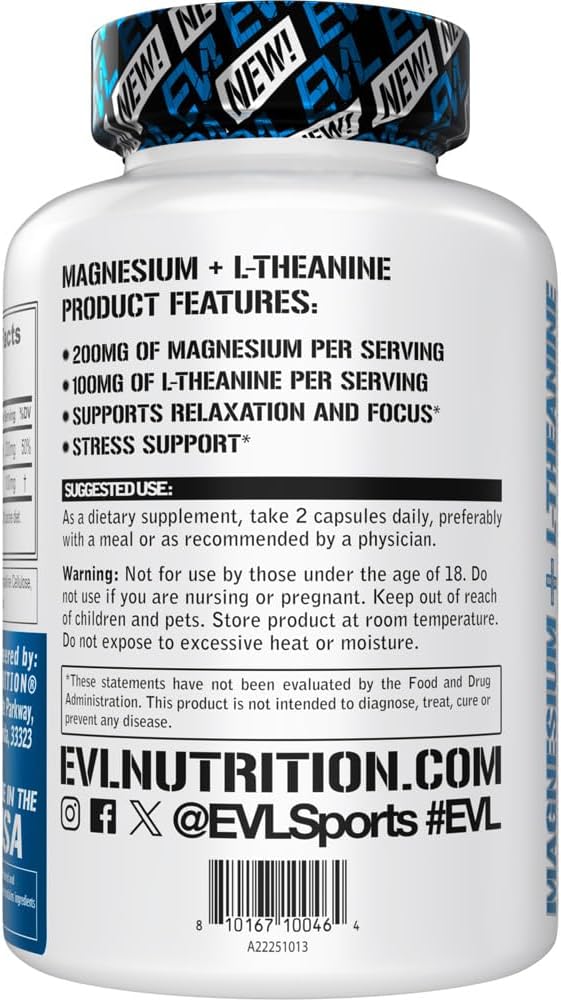 Magnesium L Theanine Supplement - Evlution Nutrition Mind & Body Calming Magnesium with L-Theanine Blend to Support Focus Relaxation & Cortisol - Vegan Non-GMO & Gelatin Free (45 Servings)