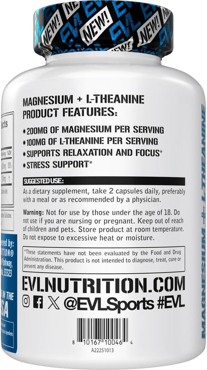 Magnesium L Theanine Supplement - Evlution Nutrition Mind & Body Calming Magnesium with L-Theanine Blend to Support Focus Relaxation & Cortisol - Vegan Non-GMO & Gelatin Free (45 Servings)