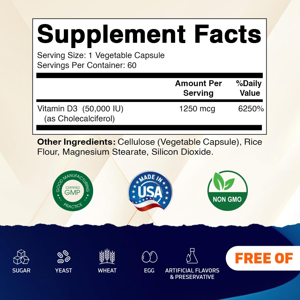 Vitamatic Vitamin D3 50,000 IU Once Weekly, 60 Veg Capsules, Made in USA | Supports Bone, Teeth & Immune Health*, Non GMO, Gluten Free