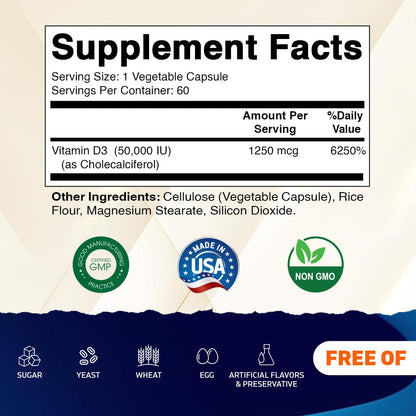 Vitamatic Vitamin D3 50,000 IU Once Weekly, 60 Veg Capsules, Made in USA | Supports Bone, Teeth & Immune Health*, Non GMO, Gluten Free