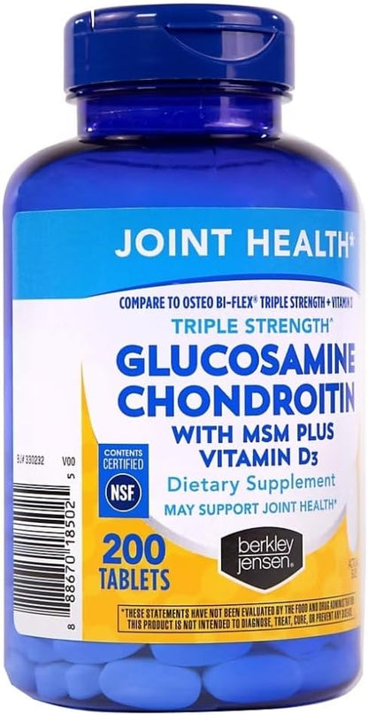 Berkley Jensen Glucosamine Chondroitin Triple Strength Complex with MSM and D3 Joint Supplement Tablets for Joint Support and Cartilages, NSF Certified, 200 Count (Pack of 1)