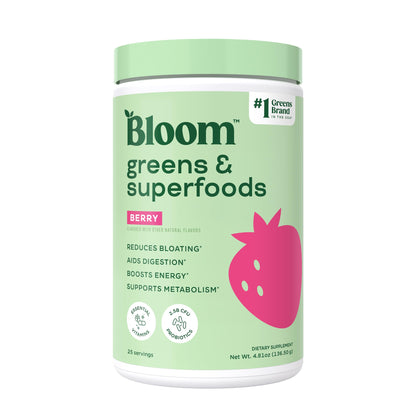 Bloom Nutrition Superfood Greens Powder, Berry, 30 Servings | Digestive Enzymes with Probiotics and Prebiotics, Gut Health, Bloating Relief for Women, Chlorella, Green Juice Mix