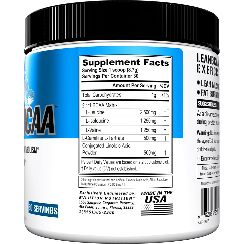 Stimulant Free Lean BCAA Powder - Evlution Nutrition BCAAs Amino Acids Powder with CLA Carnitine and 2:1:1 Branched Chain Amino Acids Supports Muscle Recovery Fat Burn and Metabolism - Fruit Punch