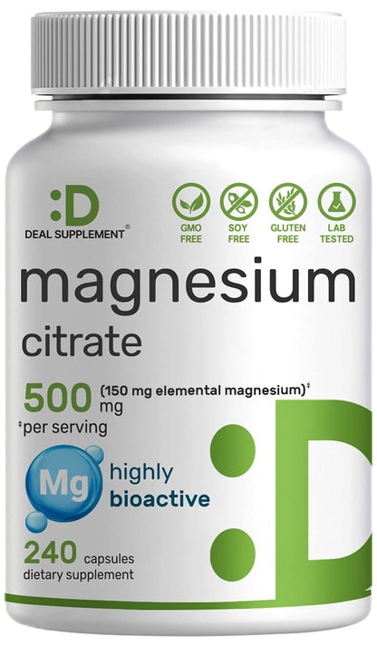 Deal Supplement Magnesium Citrate 500mg, 240 Capsules | One a Day, Easily Absorbed, Purified Trace Mineral – Non-GMO