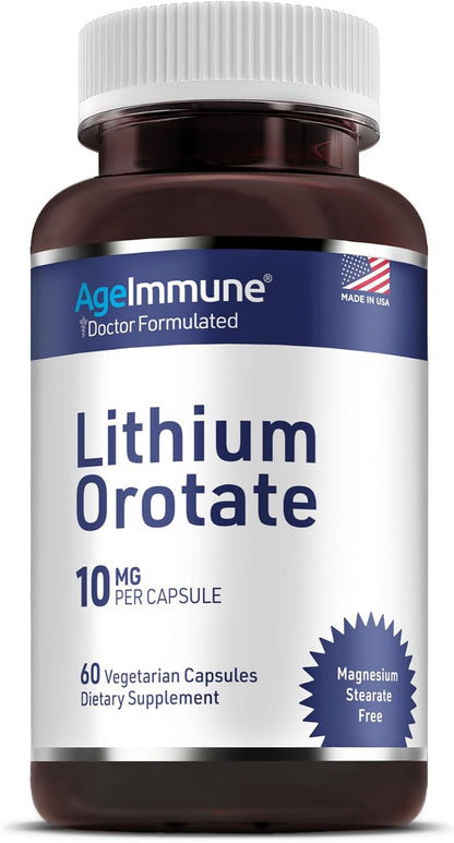 Lithium Orotate 10mg per Capsule - 60 Vegetarian Capsules. Memory and Emotional Wellness Support - Magnesium Stearate Free - 2 Months Supply of Lithium Supplement.