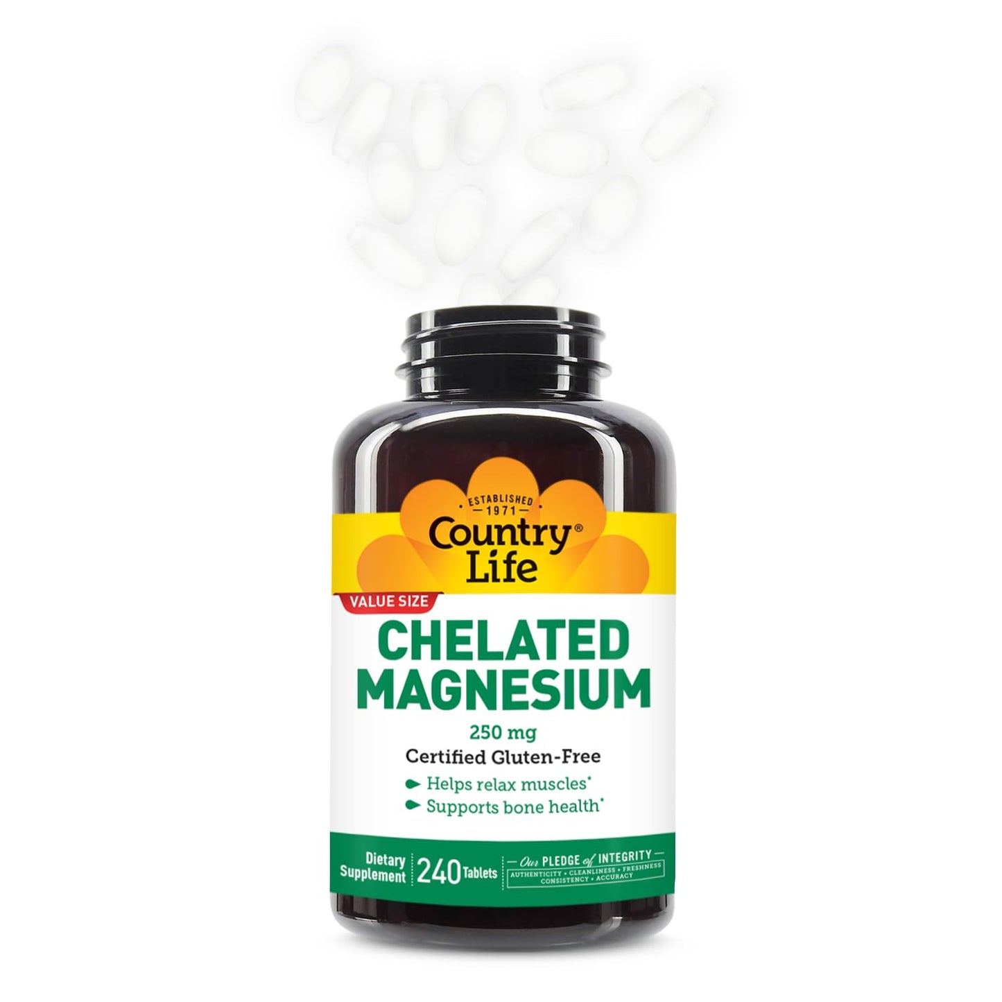 Country Life, Chelated Magnesium 250mg, Supports Bone and Immune Health, Daily Supplement, 240 ct