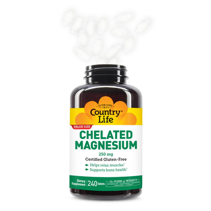 Country Life, Chelated Magnesium 250mg, Supports Bone and Immune Health, Daily Supplement, 240 ct