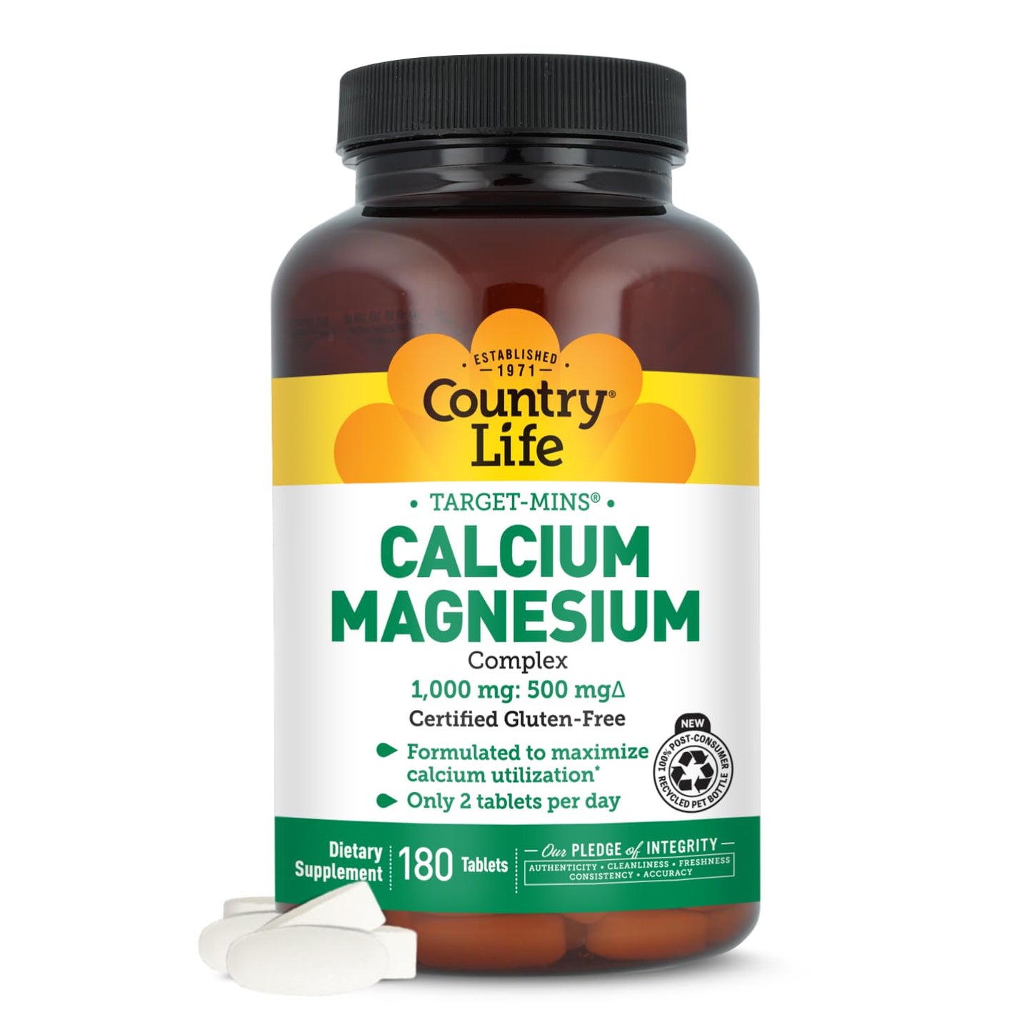 Country Life Target-Mins Calcium Magnesium Supplement for Bone Health, 1000mg Calcium, 500mg Magnesium, Gluten Free, 2:1 Ratio for Optimal Utilization