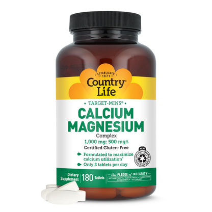 Country Life Target-Mins Calcium Magnesium Supplement for Bone Health, 1000mg Calcium, 500mg Magnesium, Gluten Free, 2:1 Ratio for Optimal Utilization