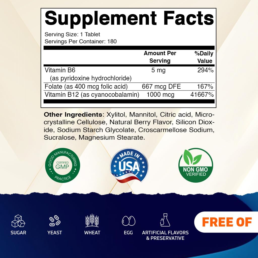 Vitamatic Folic Acid, Vitamin B12 & B6 – 180 Fast Dissolve Tablets Heart Health, Energy Production & Red Blood Cell Support