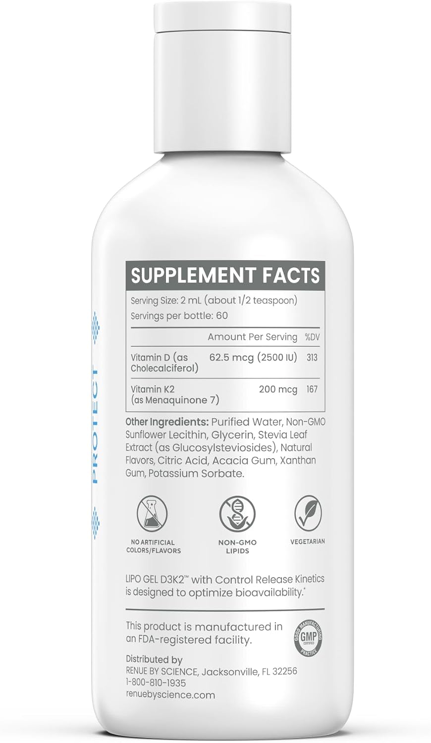 Renue By Science Vitamin D3 K2 Gel | High Strength Liposomal D3 K2 Supplement | 120ml Vitamin D K2 Gel - 2500IU Vitamin D3 & 200mcg Vitamin K2 per Serving | Non-GMO & Allergen Free | Made in the USA