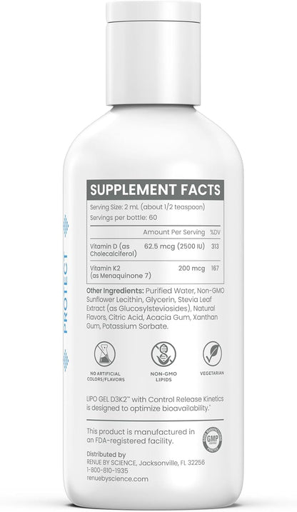 Renue By Science Vitamin D3 K2 Gel | High Strength Liposomal D3 K2 Supplement | 120ml Vitamin D K2 Gel - 2500IU Vitamin D3 & 200mcg Vitamin K2 per Serving | Non-GMO & Allergen Free | Made in the USA