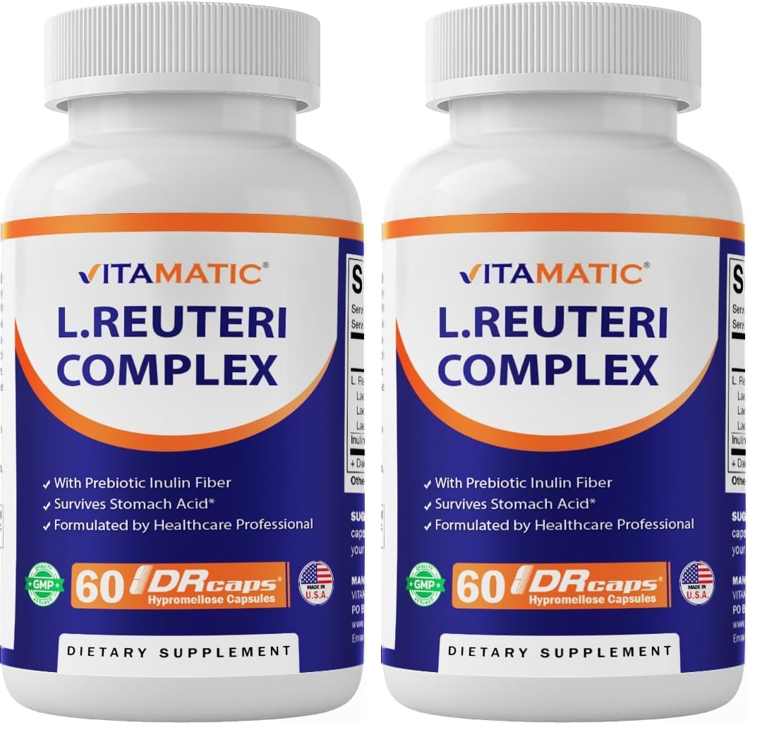Vitamatic Lactobacillus Reuteri Complex – 22 Billion CFU per Delayed Release Capsule – 60 Capsules – Digestive & Gut Health Support – with Prebiotic Inulin Fiber