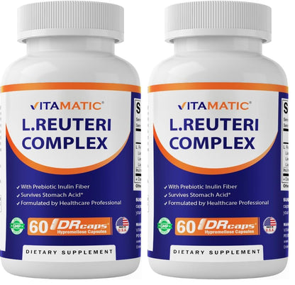 Vitamatic Lactobacillus Reuteri Complex – 22 Billion CFU per Delayed Release Capsule – 60 Capsules – Digestive & Gut Health Support – with Prebiotic Inulin Fiber