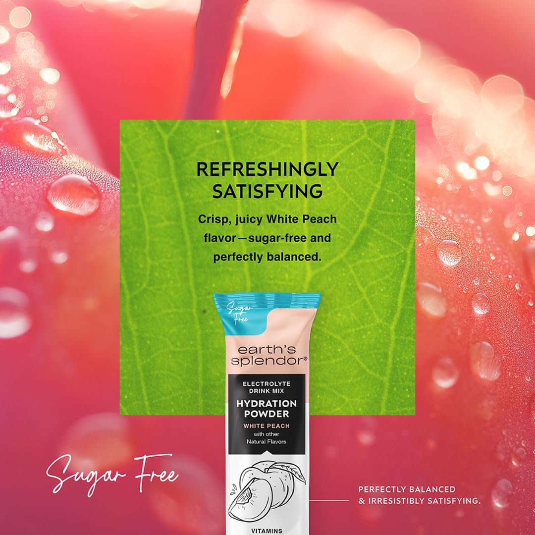 Earth's Splendor Electrolytes Powder Packets Sugar Free White Peach Hydration Sticks with Essential Vitamins for Energy & Sports Performance Travel-Friendly Single-Serve Packets for Daily Use 10 Pack