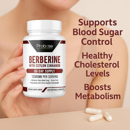 Probase Nutrition Berberine 1200mg with Ceylon Cinnamon Extract - Gluten Free and Vegan - 120 Capsules - Herbal Supplement