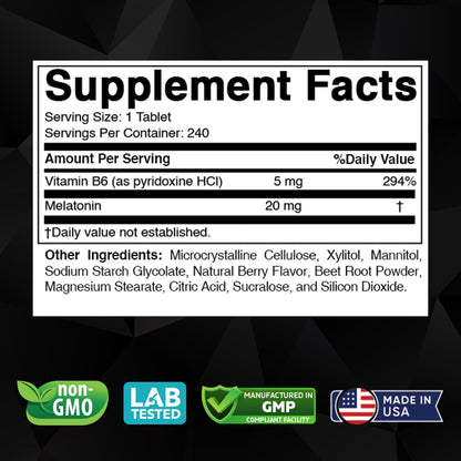 Vitabod Melatonin 20 mg Fast Dissolve Tablets with Vitamin B6, 240 Ct | Natural Berry Flavor, Sleep Support*, Non-GMO, Gluten Free, Made in USA