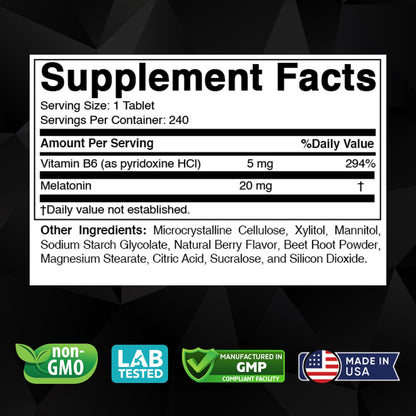 Vitabod Melatonin 20 mg Fast Dissolve Tablets with Vitamin B6, 240 Ct | Natural Berry Flavor, Sleep Support*, Non-GMO, Gluten Free, Made in USA
