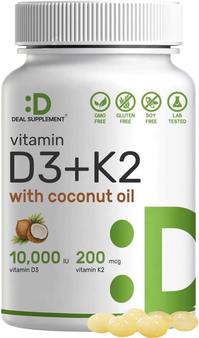DEAL SUPPLEMENT Vitamin D3 10,000iu + K2 200mcg Softgels & Magnesium Complex Veggie Capsules Bundle – Essential Sunshine Vitamins with Coconut Oil – High Absorption Chelated Minerals, 10-in-1