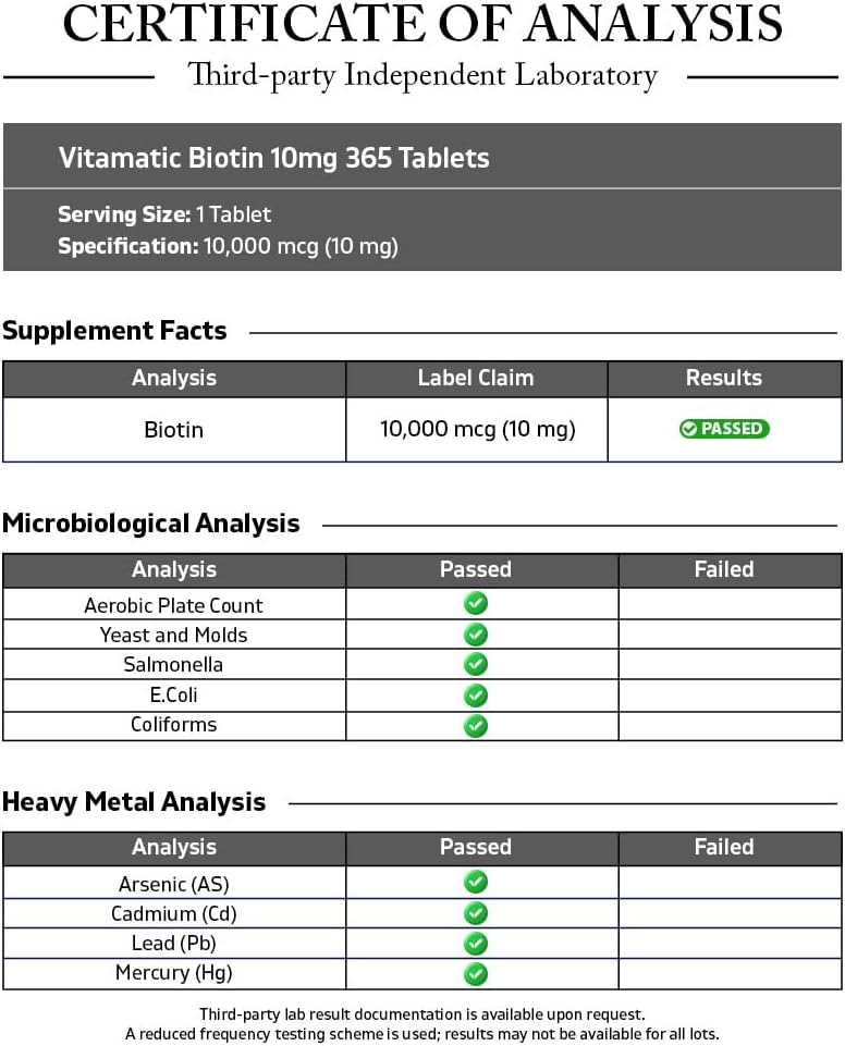 Vitamatic Biotin 10,000 mcg (10 mg) for Stronger Hair, Skin & Nails - 365 Vegan Tablets- Also Called Vitamin B7