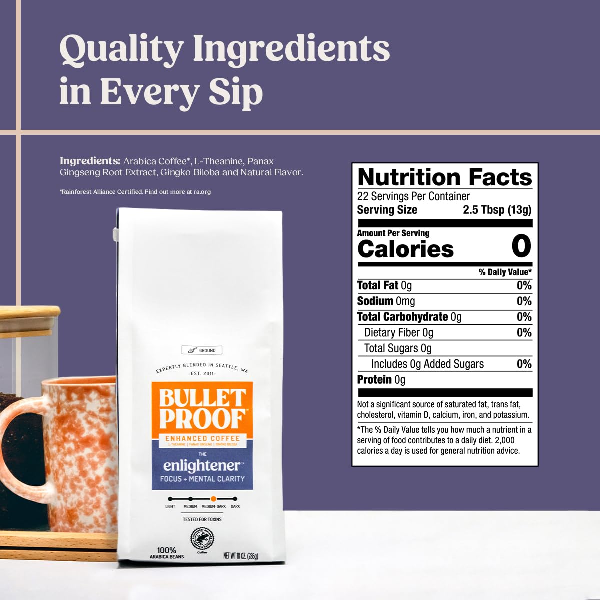 Bulletproof The High Achiever Ground Mushroom Coffee, 10oz, High Caffeine with Lion's Mane, B Vitamins and Adaptogens for Energy & Focus, Medium-Dark Roast and The Enlightener Ground Coffee, 10 Ounce