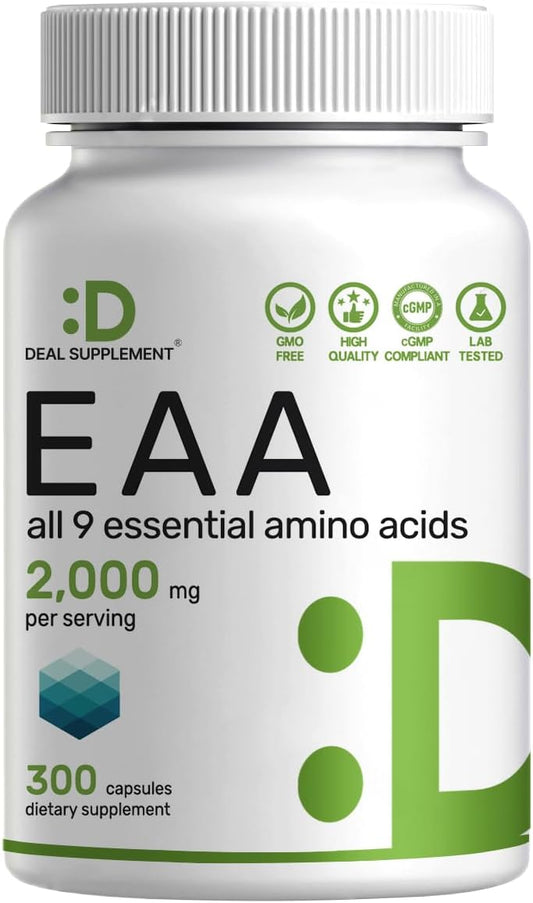 Essential Amino Acids (EAA) 2000mg Per Serving, 300 Capsules – Unflavored - 9 in 1, All BCAAs (Branched-Chain Aminos) – Lean Muscle Support & Natural Pre Workout Supplement