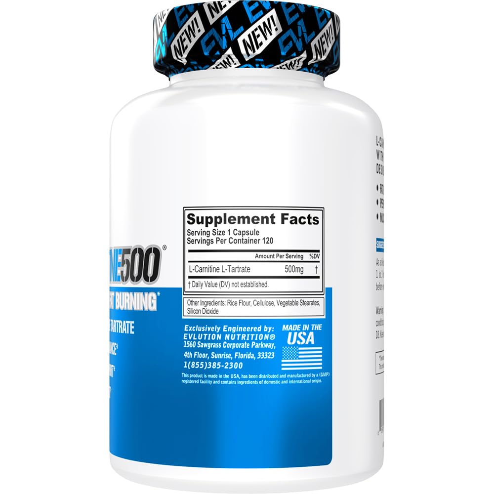 EVL L-Carnitine Supplement for Weight Loss Support - L Carnitine Tartrate for Cellular Energy Focus Endurance and Fat Burning Support - Stimulant Free Amino Acid for Fat Metabolism (120 Servings)